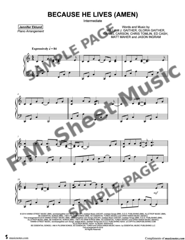 Because He Lives, Amen (Intermediate Piano) By Matt Maher F.M. Sheet Music Pop Arrangements